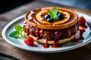 une Hamburger avec sauce et baies sur une plaque. généré par ai photo