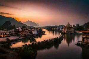 le Soleil ensembles plus de une rivière dans Inde. généré par ai photo