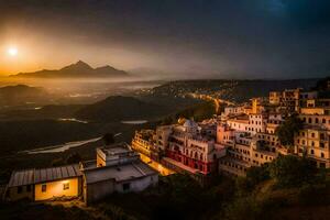 le Soleil ensembles plus de une ville dans Inde. généré par ai photo