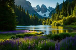 une Lac entouré par violet fleurs et montagnes. généré par ai photo