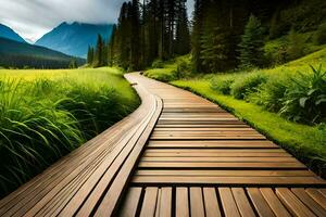 en bois chemin dans le montagnes. généré par ai photo