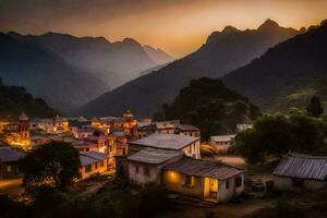 une village dans le montagnes à le coucher du soleil. généré par ai photo