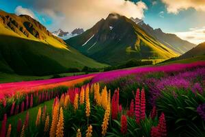 une magnifique champ de fleurs et montagnes. généré par ai photo