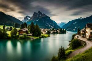 une Lac et Montagne village dans le Alpes. généré par ai photo