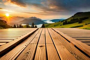 en bois passerelle plus de le montagnes. généré par ai photo