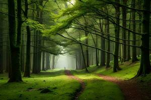 une chemin par une vert forêt avec des arbres et des arbres. généré par ai photo