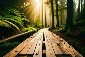 en bois passerelle dans le forêt avec Soleil brillant à travers. généré par ai photo