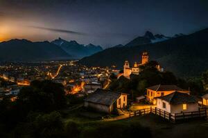 photo fond d'écran le ciel, montagnes, le ville, le village, le église, le montagnes,. généré par ai