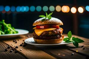 une Hamburger avec fromage et tomate sur une plaque. généré par ai photo