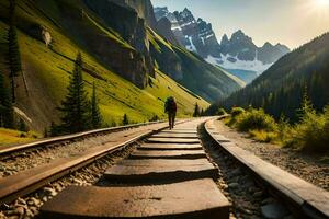 une homme en marchant sur le chemin de fer des pistes dans le montagnes. généré par ai photo