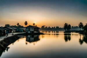 une rivière à le coucher du soleil avec Maisons et paume des arbres. généré par ai photo