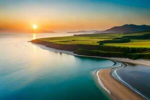 le Soleil ensembles plus de une plage et herbeux collines. généré par ai photo