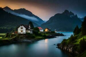 une maison est assis sur le bord de une Lac à le coucher du soleil. généré par ai photo