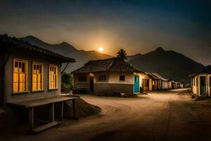 une village à le coucher du soleil avec une Montagne dans le Contexte. généré par ai photo