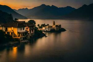 une maison est assis sur le rive de une Lac à le coucher du soleil. généré par ai photo