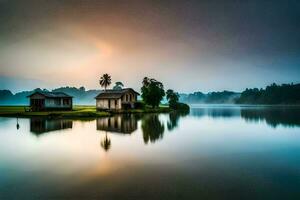 une petit maison est assis sur le bord de une lac. généré par ai photo