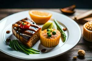 une assiette avec nourriture sur il et une petit gâteau. généré par ai photo