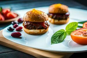 petit des hamburgers sur une assiette avec fruit et des légumes. généré par ai photo