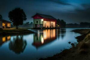 une rouge maison est assis sur le bord de une Lac à nuit. généré par ai photo