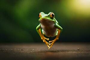 une grenouille est sauter en haut dans le air. généré par ai photo