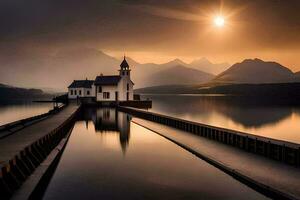 une église est assis sur le bord de une Lac avec montagnes dans le Contexte. généré par ai photo