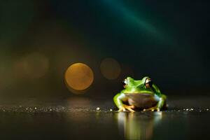 une grenouille séance sur le sol avec une floue Contexte. généré par ai photo