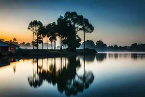 une Lac avec des arbres et une maison à le coucher du soleil. généré par ai photo