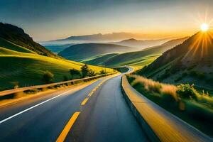 une route dans le montagnes avec le Soleil paramètre. généré par ai photo