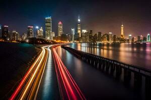 une longue exposition photographier de une ville horizon à nuit. généré par ai photo