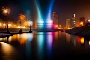 une ville à nuit avec lumières et l'eau. généré par ai photo