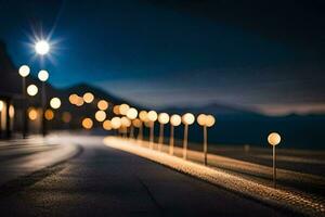 une rue avec lumières sur il à nuit. généré par ai photo