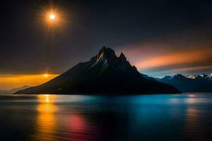 le lune est réfléchi dans le l'eau comme il brille plus de une Montagne. généré par ai photo