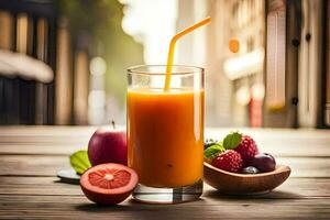 une verre de Orange jus avec baies et fruit. généré par ai photo