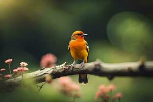 une petit Orange oiseau est séance sur une branche. généré par ai photo