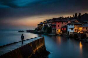 une homme des promenades le long de une jetée à crépuscule avec Maisons sur le l'eau. généré par ai photo