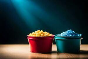 deux seaux de bleu et rouge coloré Popcorn. généré par ai photo