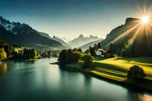 le Soleil brille sur une Montagne village dans le Suisse Alpes. généré par ai photo