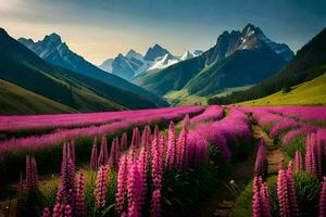 une champ de violet fleurs dans de face de montagnes. généré par ai photo