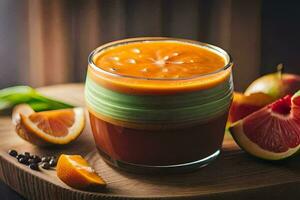 une verre de Orange jus avec une tranche de pamplemousse. généré par ai photo