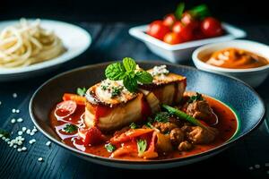 une assiette de nourriture avec Viande, des légumes et sauce. généré par ai photo