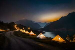 tentes sont ensemble en haut sur le côté de une route à nuit. généré par ai photo
