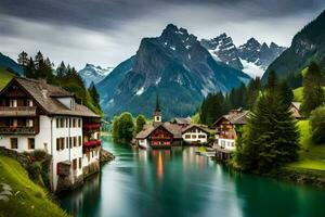 une rivière court par une Montagne vallée avec Maisons et montagnes dans le Contexte. généré par ai photo