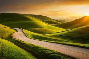 le Soleil ensembles plus de une enroulement route dans le collines. généré par ai photo