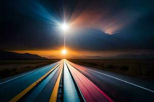 une longue exposition photographier de une route avec une Soleil brillant. généré par ai photo