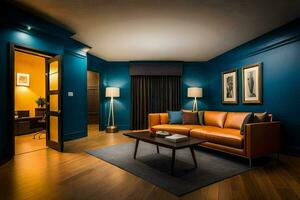 une vivant pièce avec bleu des murs et une cuir canapé. généré par ai photo