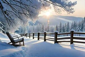 une en bois clôture et chaise sont dans le neige. généré par ai photo