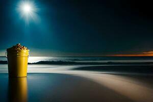 une seau de cacahuètes sur le plage à nuit. généré par ai photo