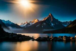 le Soleil brille plus de une Montagne intervalle et lac. généré par ai photo
