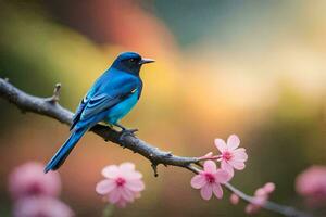 une bleu oiseau est assis sur une branche avec rose fleurs. généré par ai photo