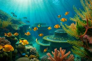 sous-marin scène avec corail récifs et poisson. généré par ai photo